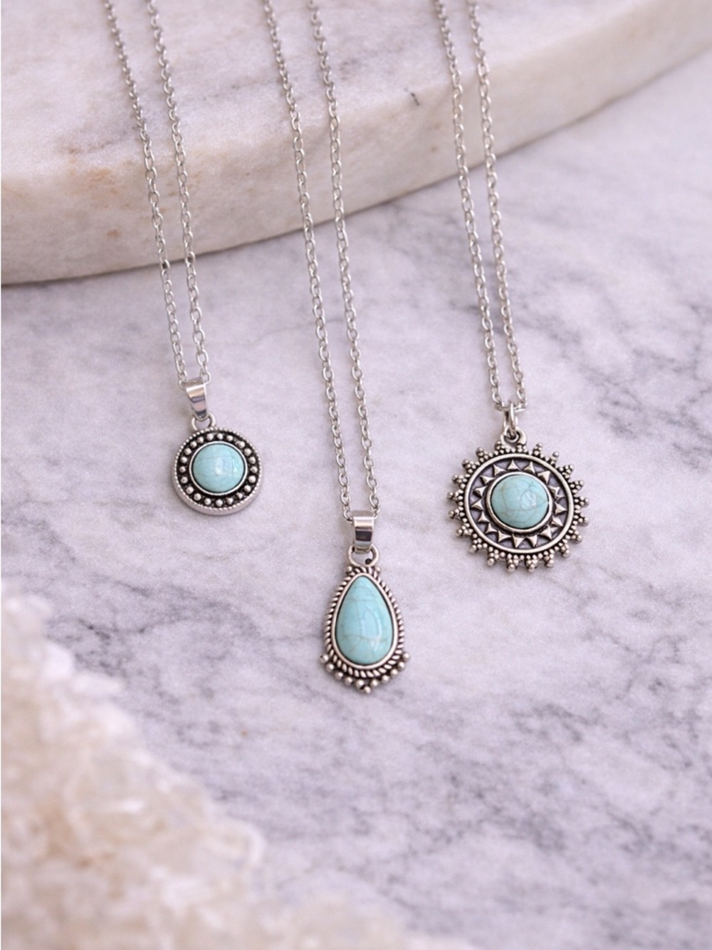 Turquoise Stone Silver Pendant Necklace - Women Jewelry
